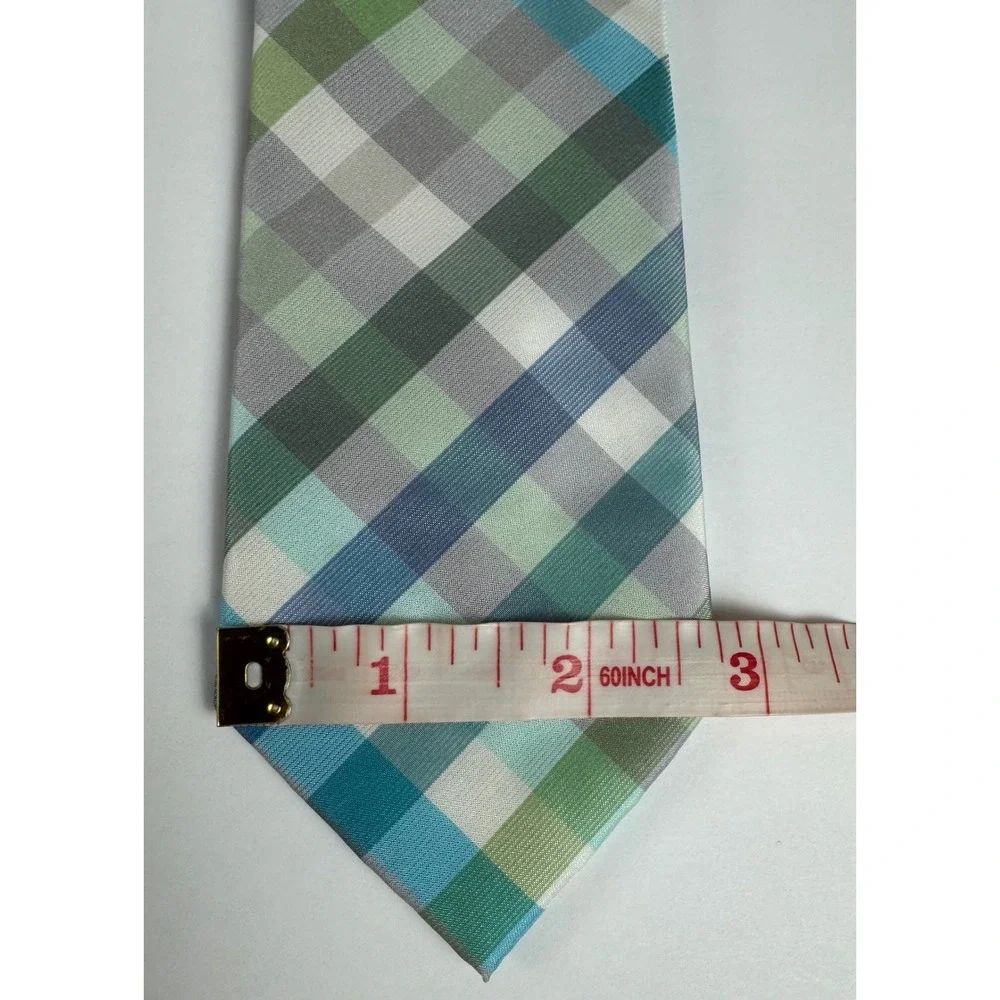 Express Mens Plaid Necktie Blue Green Grey Check Polyester New With Tags